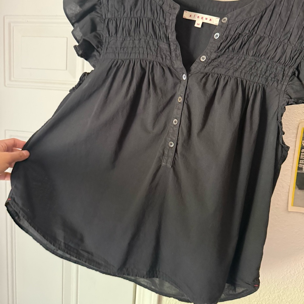 XIRENA black cotton ruffle sleeveless popover boxy cropped ruched blouse top - Picture 2 of 6